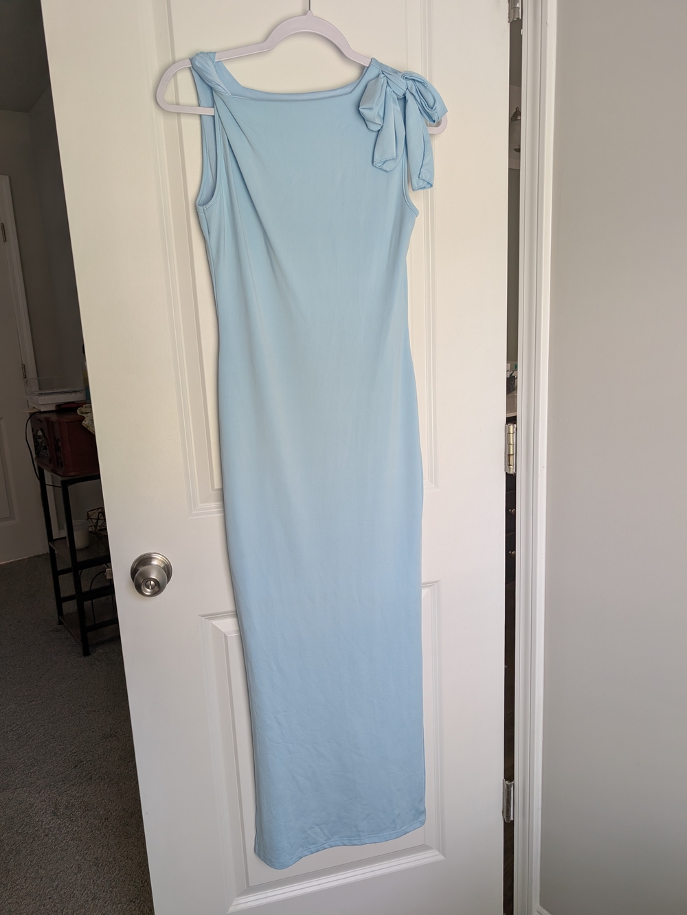 Sleeveless Light Blue Bow-Shoulder Maxi Dress